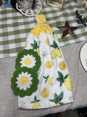 Hand crafted bundle one towel hand and two daisy crochet coasters